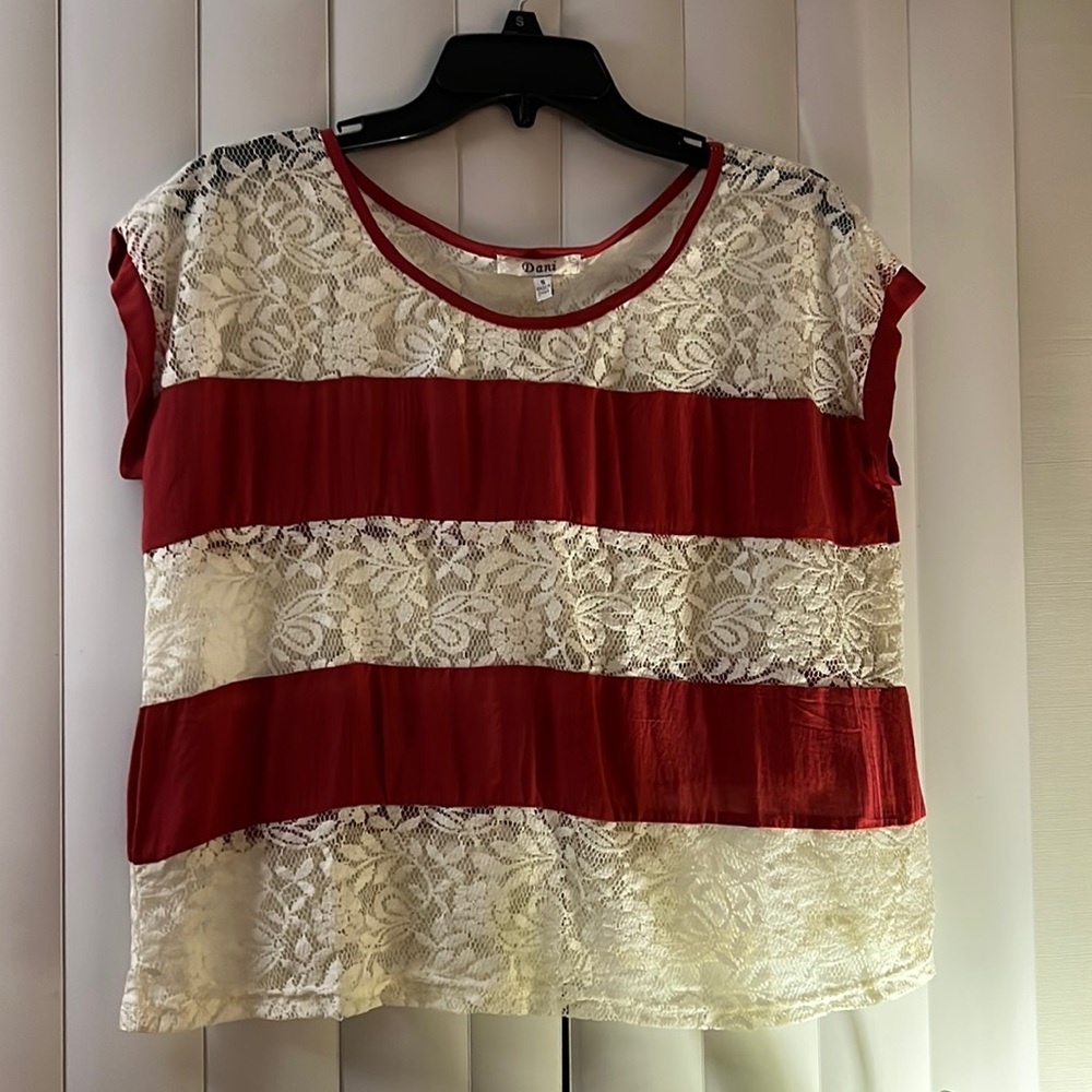 Cream and Red Striped See Through Blouse